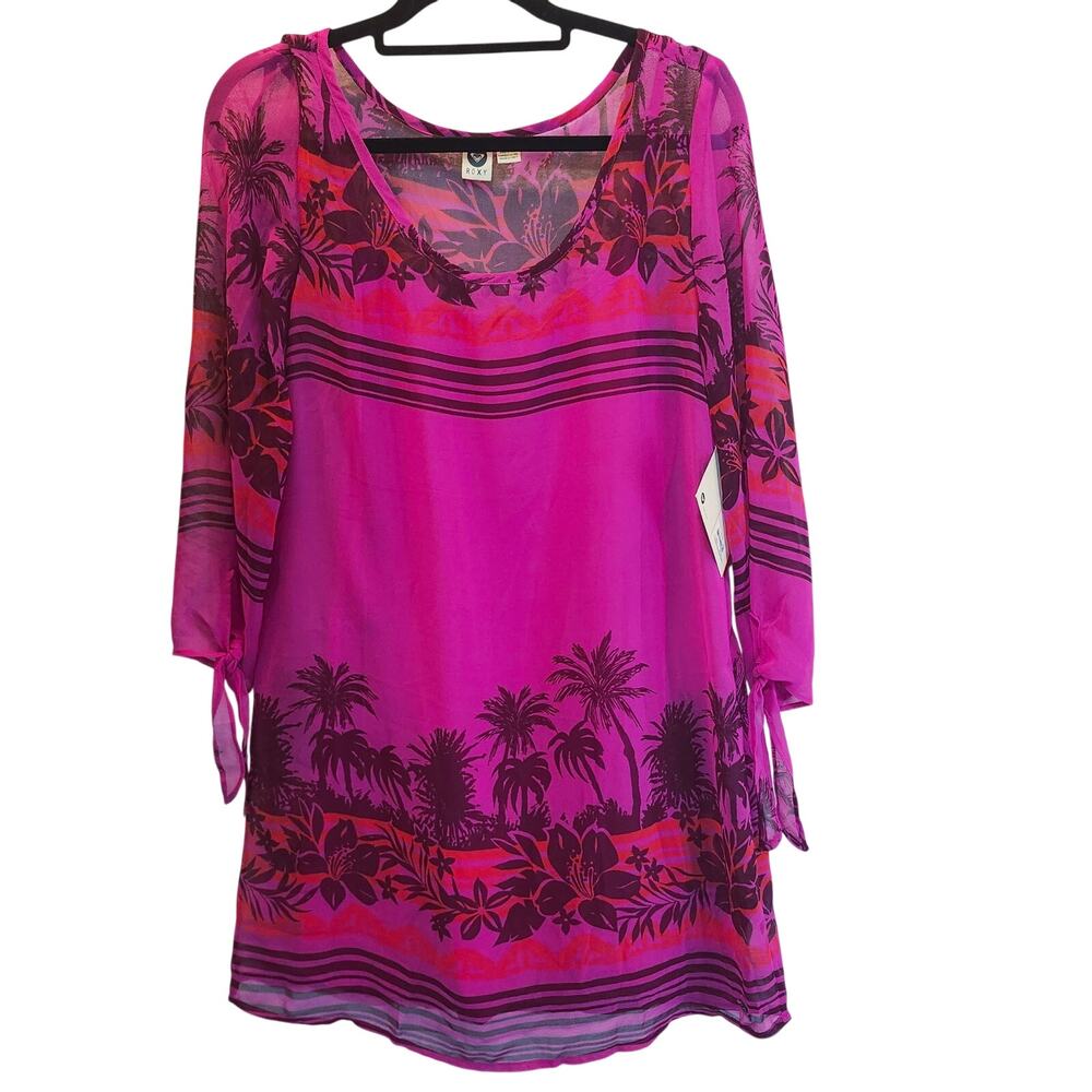 NWT Vintage Roxy SZ Large Dark Pink Sheer Overlay Dress Hawaiian Print